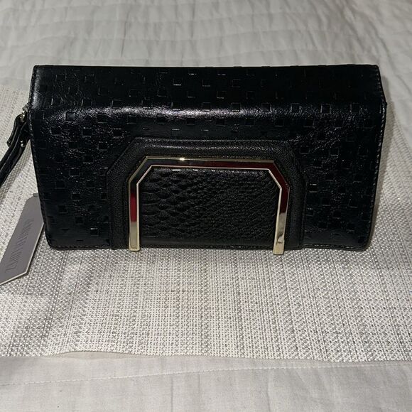 Jennifer Lopez Black Gold Tone Textured Diamond Style Adriana Clutch - Picture 2 of 7